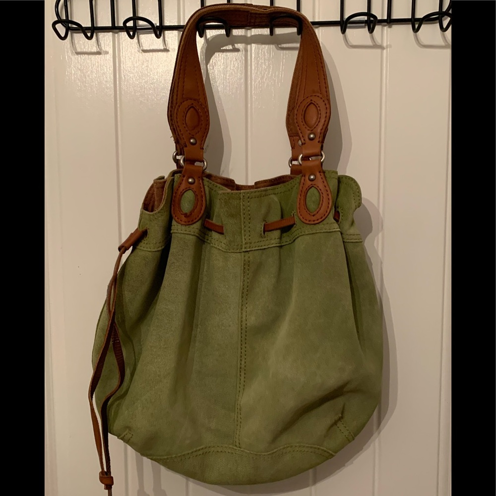 Lucky Brand Green Large Suede Hobo Bag with Brown Leather drawstrings.